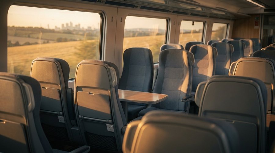 Standard Class seating on an LNER Azuma train with tables and power sockets
