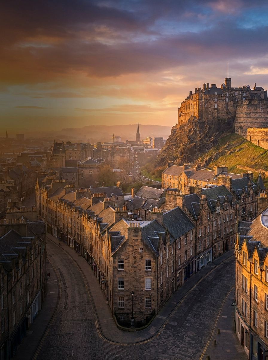 Edinburgh's Old Town cobbled streets leading up to Edinburgh Castle at sunset