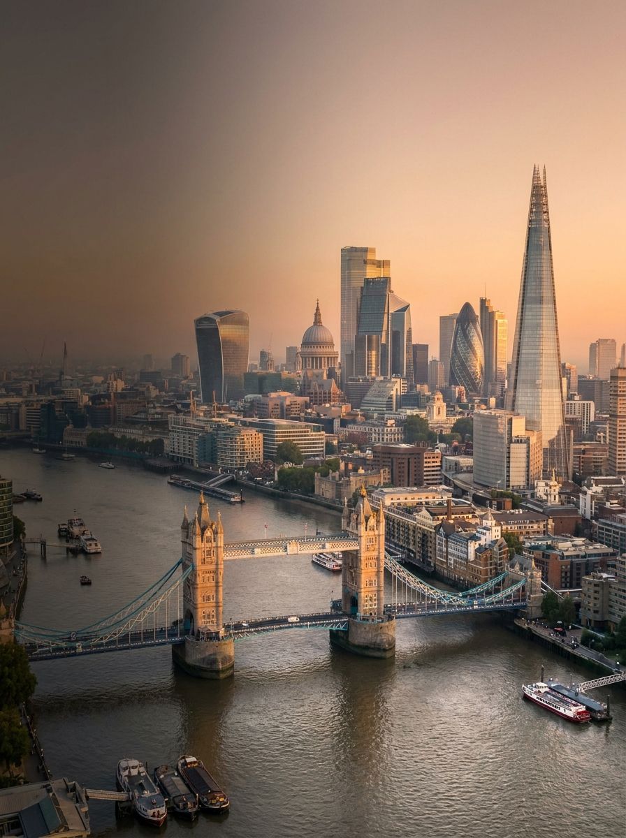 Aerial view of Tower Bridge and the City of London skyline at sunset