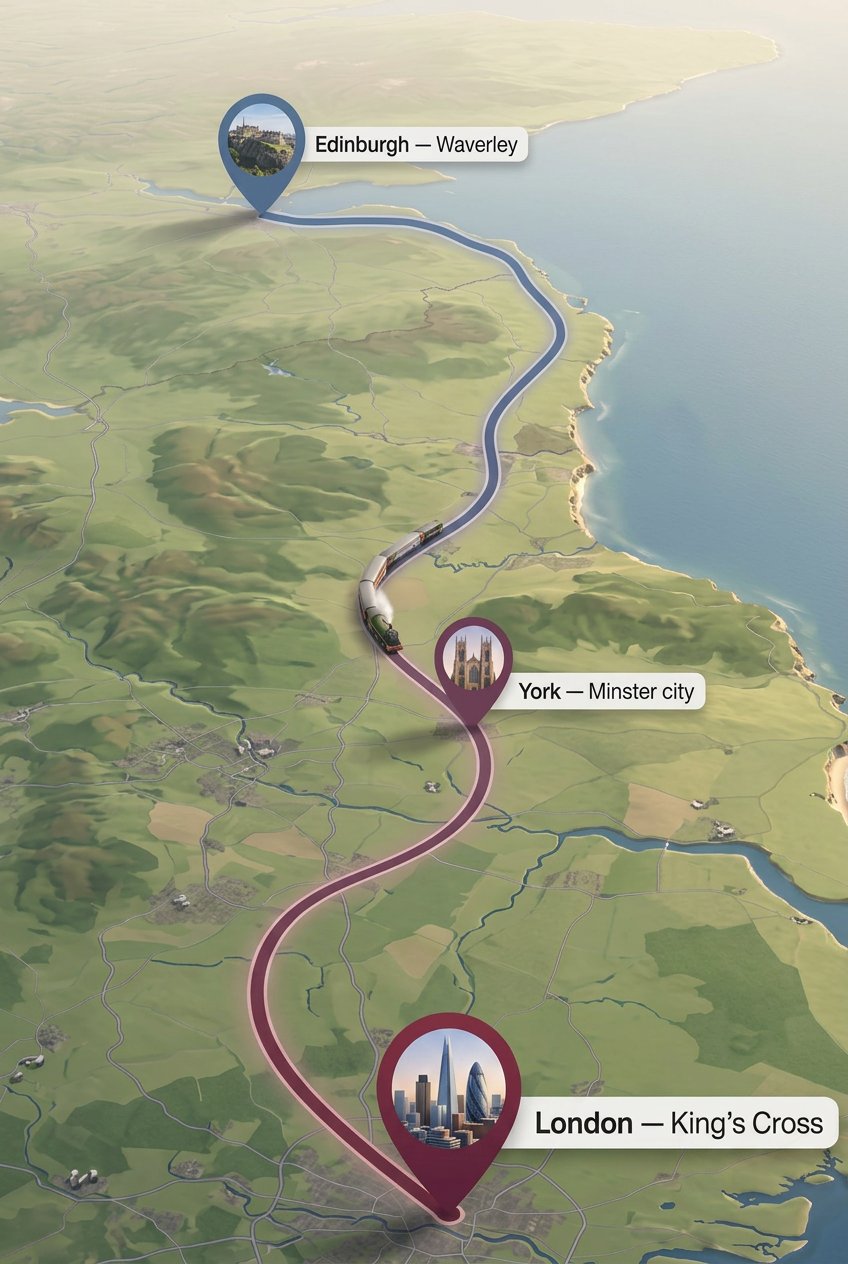 Illustrated map of the London to Edinburgh train route via Peterborough, York, Durham, Newcastle, Alnmouth and Berwick-upon-Tweed to Edinburgh Waverley