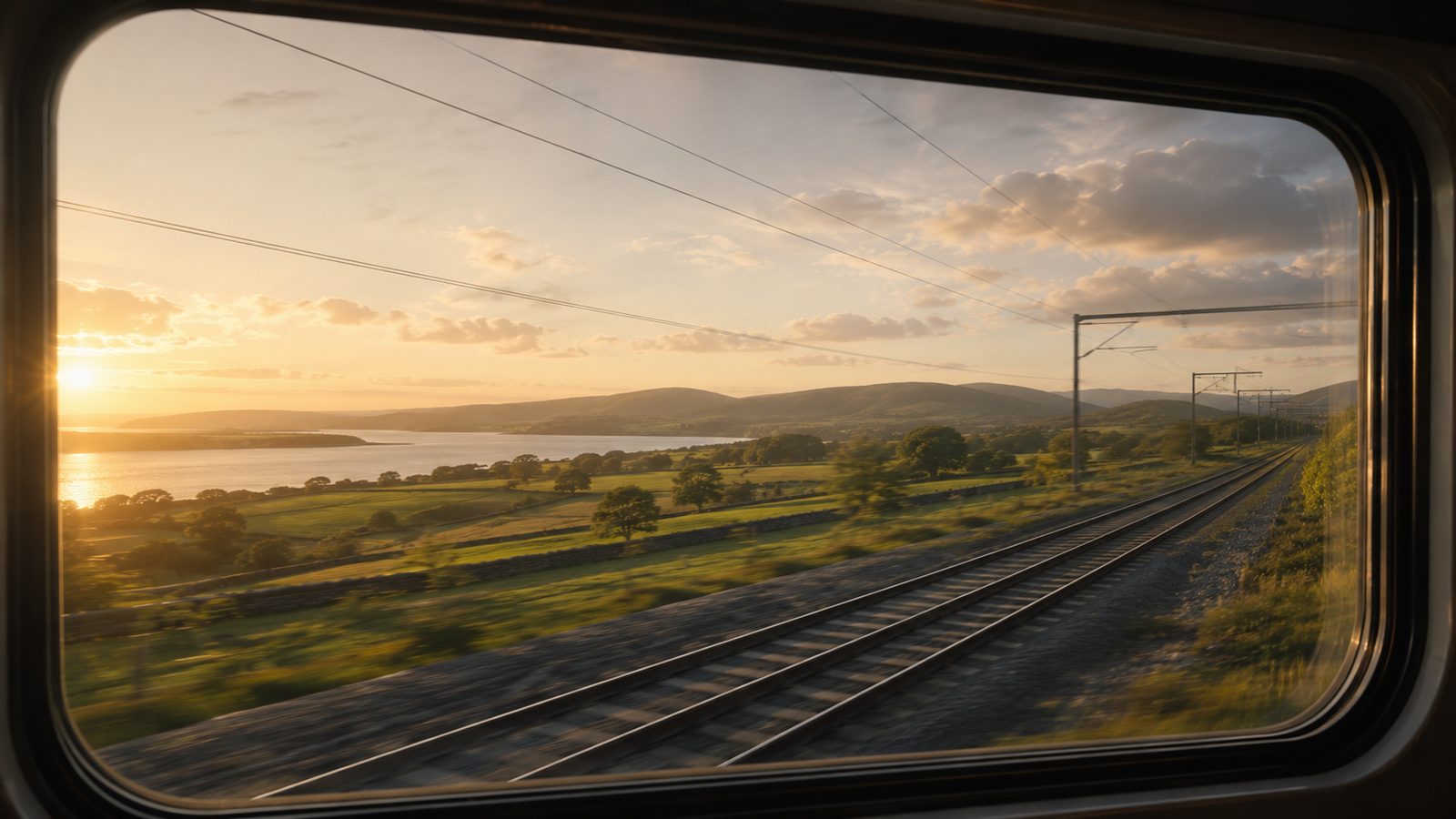 View from an Azuma train window over the East Coast Main Line at sunset